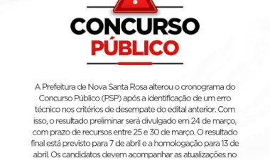 Prefeitura de Nova Santa Rosa altera cronograma do Concurso Público 001/2025
