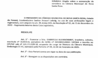 Câmara de Nova Santa Rosa exonera diretora por meio de portaria oficial