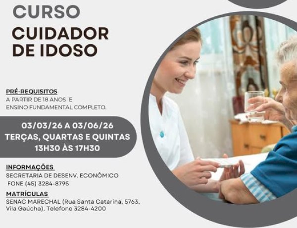 Ainda há vagas para curso gratuito de Cuidador de Idoso em Marechal Rondon