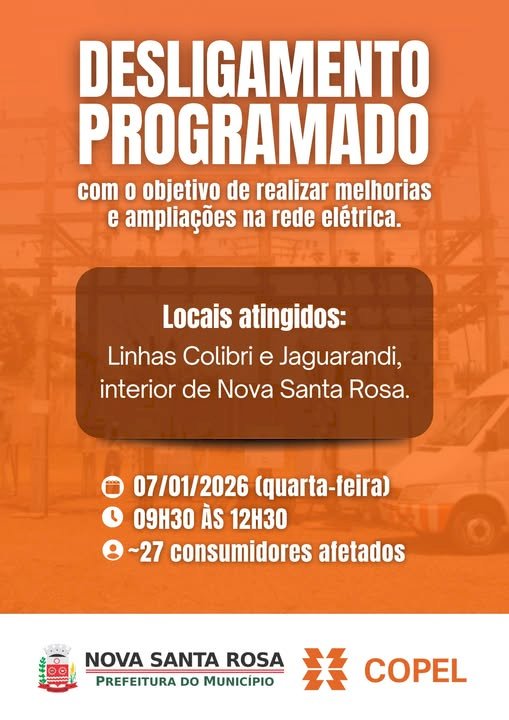 Copel anuncia desligamento programado de energia em Nova Santa Rosa