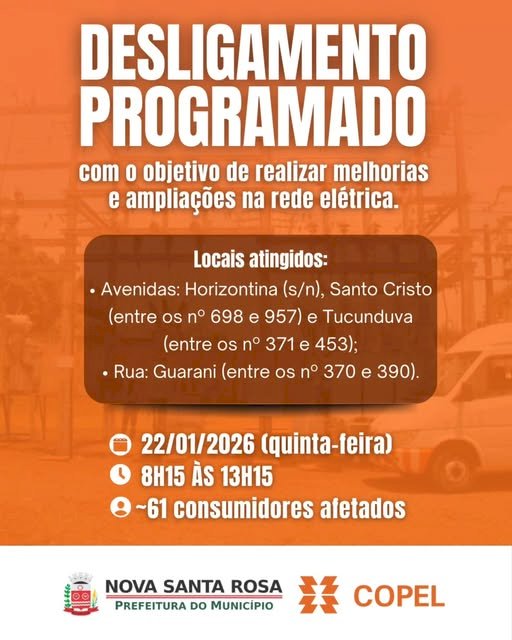 Copel anuncia desligamento programado de energia na área central de Nova Santa Rosa