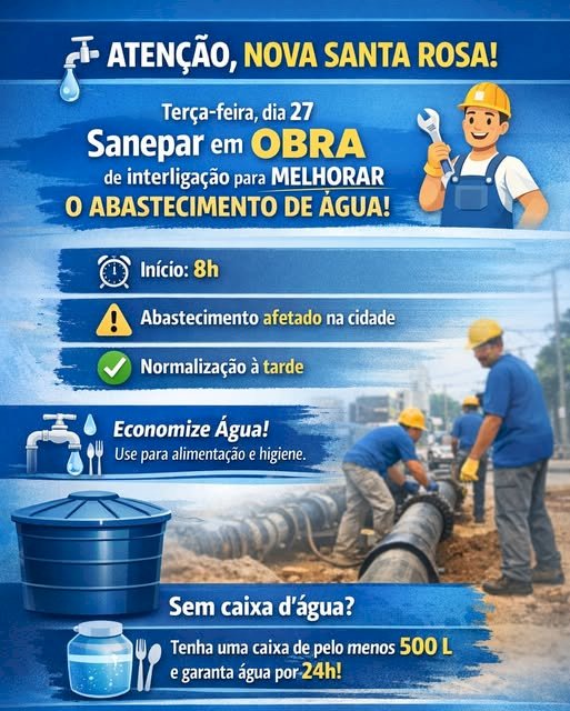 Sanepar realiza obra e pode afetar abastecimento de água em Nova Santa Rosa nesta terça-feira