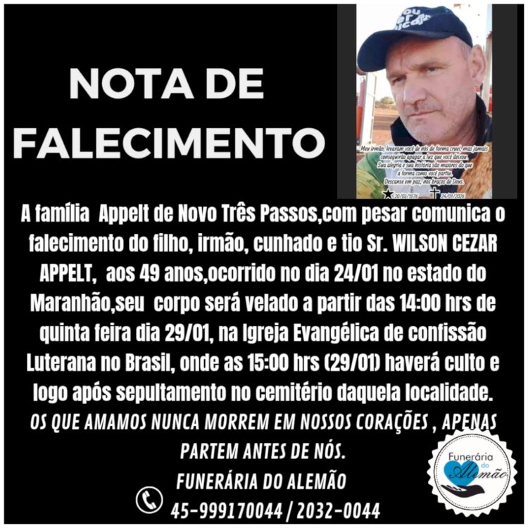 Atos fúnebres e sepultamento de Wilson Cesar Appel  está marcado para quinta-feira(29) a tarde