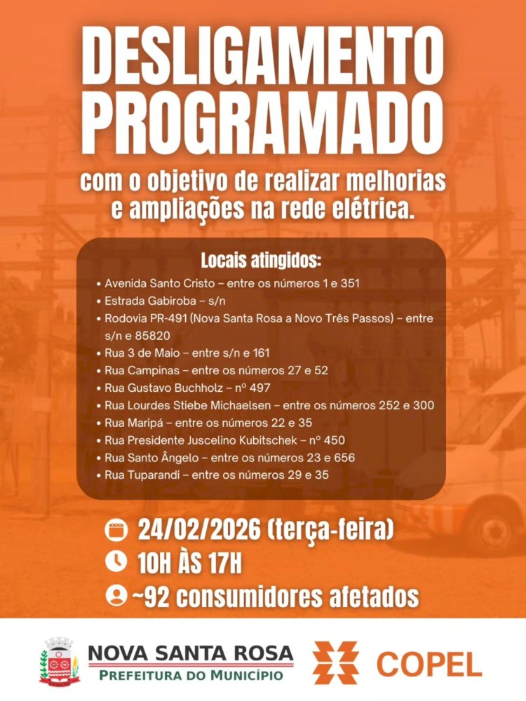 Desligamento programado afetará 92 unidades consumidoras em Nova Santa Rosa nesta terça-feira (24)