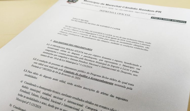 Inscrições para o Bolsa Atleta 2026 estão abertas em Marechal Rondon