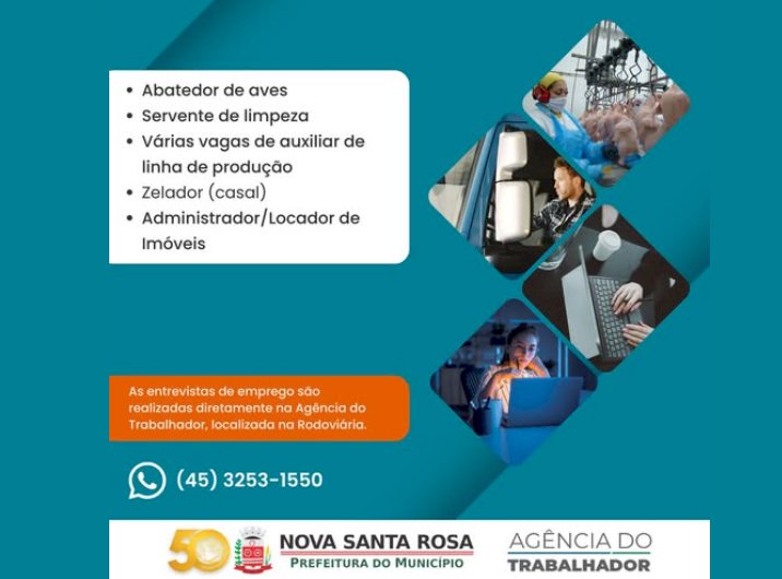 Agência do Trabalhador divulga novas vagas de emprego em Nova Santa Rosa