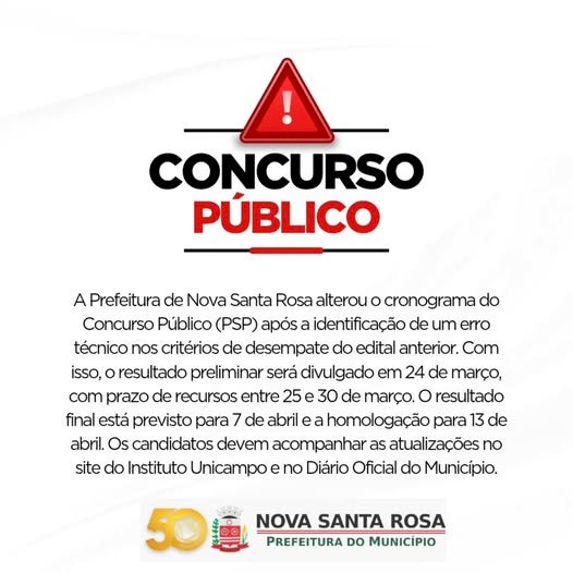 Prefeitura de Nova Santa Rosa altera cronograma do Concurso Público 001/2025