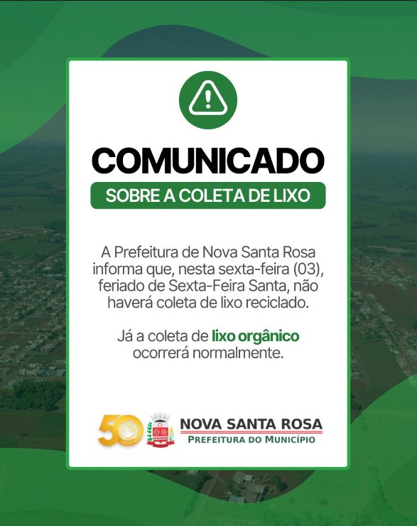 Coleta de recicláveis será suspensa na Sexta-Feira Santa em Nova Santa Rosa