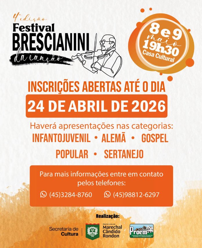 Inscrições seguem abertas para o 4º Festival Brescianini da Canção em Marechal Rondon