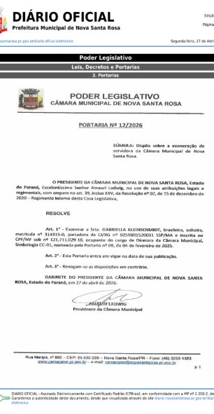 Câmara de Nova Santa Rosa exonera diretora por meio de portaria oficial