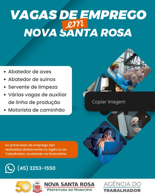 Agência do Trabalhador de Nova Santa Rosa divulga novas oportunidades de emprego