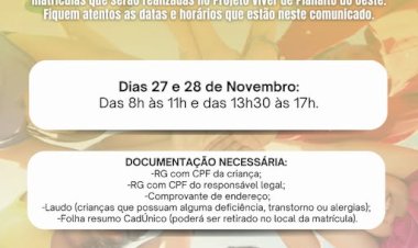 Matrículas e rematrículas do Projeto Viver de Planalto do Oeste acontecem nos dias 27 e 28 de novembro