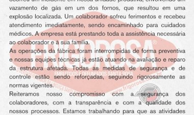 Frigorifico onde houve explosão em Nova Santa Rosa divulga nota oficial