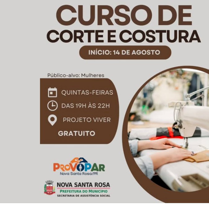 Prefeitura de Nova Santa Rosa Oferece curso gratuito  de  corte e costura