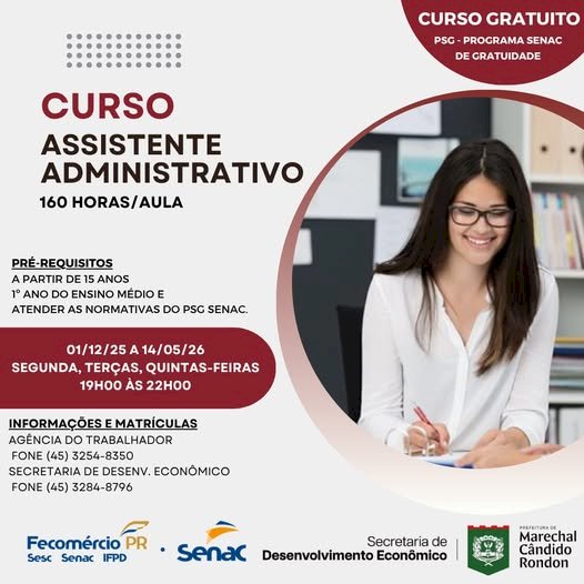 Curso gratuito de Assistente Administrativo está com inscrições abertas