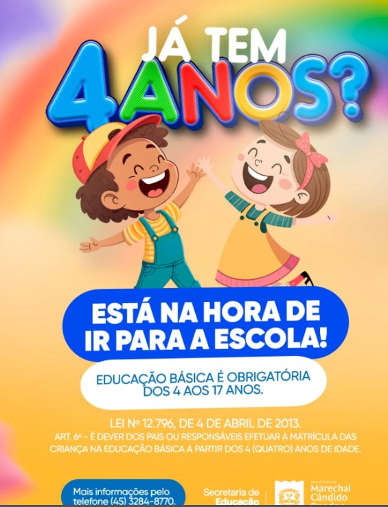 Matrículas para a Educação Infantil 4 iniciam na quinta-feira em Marechal Cândido Rondon