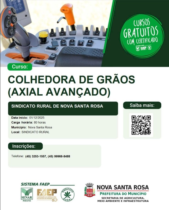 Curso gratuito de Colhedora de Grãos (Axial Avançado) está com inscrições abertas em Nova Santa Rosa