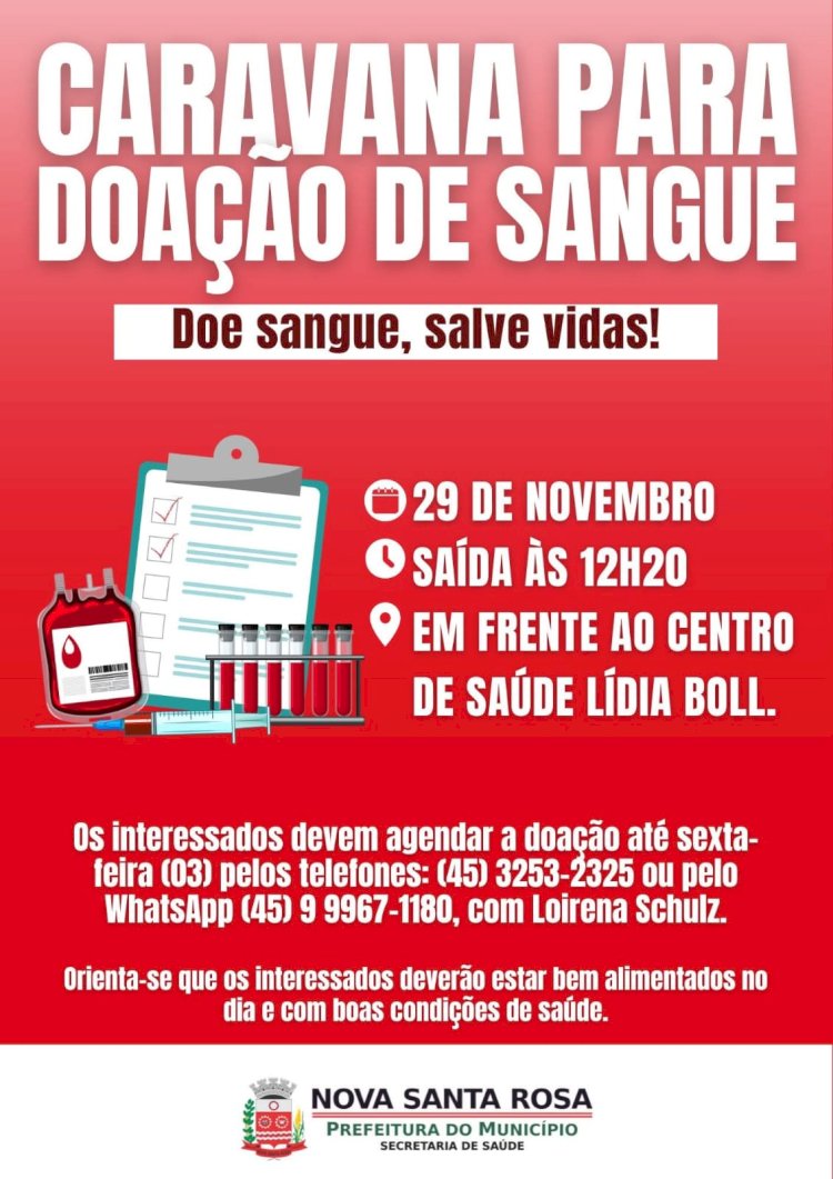 Caravana de  Nova Santa Rosa  para Doação de Sangue em Cascavel será realizada neste sábado