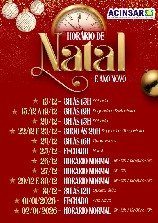 Horário especial de fim de ano no comércio de Nova Santa Rosa  começa sábado dia 13